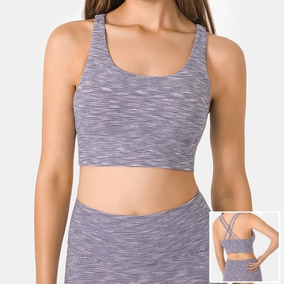 Women Sports Striped Cross Back Push Up Bra Top