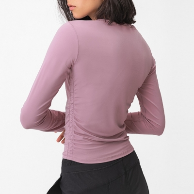 Women Sports Side Pleated Round Neck Long Sleeve Top