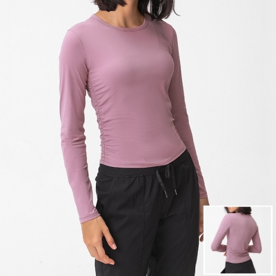 Women Sports Side Pleated Round Neck Long Sleeve Top