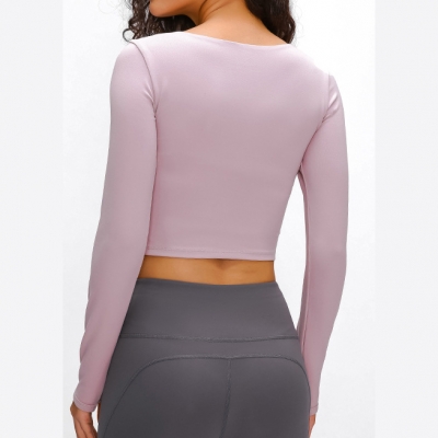 Women Sports Front Hollow Bra Pads Crop Long Sleeve Top