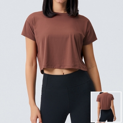 Women Sports Loose Fit Crop Round Neck Short Sleeve Top