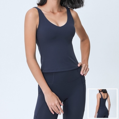 Women Sports Deep Back Bra Pads Deep V Tank Top