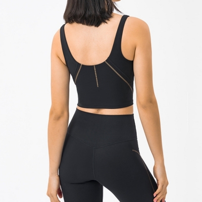 Women Sports Silver Line High Support Bra Pads Crop Deep V Tank Top